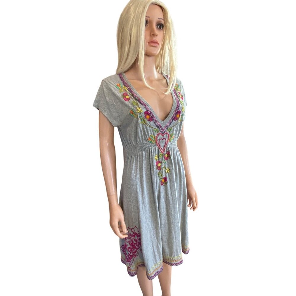Johnny Was LA Gray Embroidered V-Neck Dress W's Medium Hearts Cotton - Picture 4 of 15